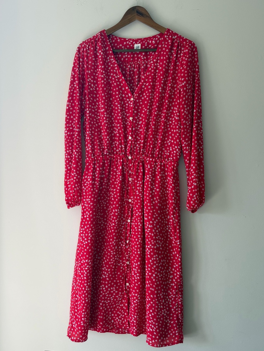 GAP Red Floral Midi Button-Front Dress with Waist Tie Size Medium